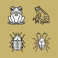 quattro diverso insetti siamo mostrato nel nero e bianca. il primo insetto è un' rana, il secondo è un' insetto, il terzo è un' scarafaggio, e il il quarto è un' insetto. il insetti siamo tutti disegnato nel un' semplice vettore