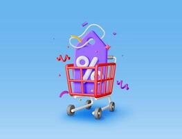 3d shopping cestino e buono con percentuale simbolo. rendere realistico shopping carrello e colorato coriandoli in giro sconto voucher; tagliando. vendita sconto liquidazione. in linea Al dettaglio acquisti. vettore