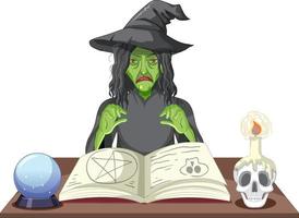 vecchia strega cattiva con libro di incantesimi magici vettore