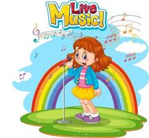 logo di musica dal vivo con una ragazza che canta su sfondo arcobaleno vettore