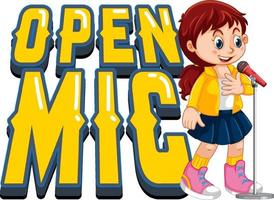 design del logo del microfono aperto con il personaggio dei cartoni animati della ragazza cantante vettore