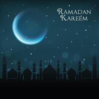 sfondo per Ramadan kareem. notte paesaggio. Arabo calligrafia. musulmano religione santo mese. arabo sta con un' cammello nel il deserto. il stellato cielo. leggero Luna vettore