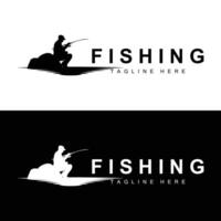 pesca logo icona , catturare pesce su il barca, all'aperto tramonto silhouette design vettore