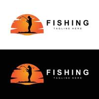 pesca logo icona , catturare pesce su il barca, all'aperto tramonto silhouette design vettore