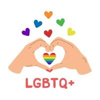 piatto manifesto con mani nel cuore forma nel supporto di LGBTQ Comunità. orgoglio mese concetto. piatto mano disegnato elementi isolato su bianca sfondo vettore