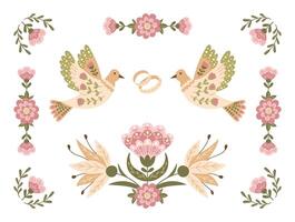 nozze orizzontale bandiera o modello nel piatto floreale popolare stile con uccelli e anelli nel smorzato colori. botanico illustrazione per nozze o Fidanzamento invito isolato su bianca sfondo vettore