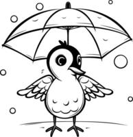 nero e bianca cartone animato illustrazione di carino uccello con ombrello per colorazione libro vettore