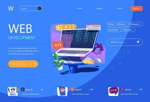 ragnatela sviluppo concetto nel piatto cartone animato design per homepage disposizione. programmazione e Lavorando con codice, la creazione di layout e costruire Software. illustrazione per atterraggio pagina e ragnatela bandiera vettore
