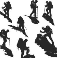 un' impostato di escursioni a piedi silhouette persone escursioni a piedi vettore