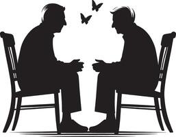 Due anziano persone seduta su un' sedia e pettegolezzi insieme clipart silhouette nel nero colore. Sambuco amici illustrazione modello vettore