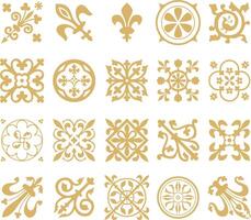d'oro impostato di antico romano ornamento elementi. classico europeo parti di modelli. gigli e corone. vettore