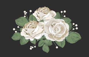 Design retrò bouquet Rose bianche con foglie e bacche su sfondo nero. Illustrazione floreale tenera di vettore nello stile dell&#39;acquerello dell&#39;annata.