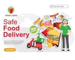 ordine di consegna cibo sicuro, servizio di consegna cibo, servizio di consegna scooter, illustrazione vettoriale