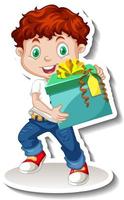 un ragazzo che tiene in mano un grande personaggio dei cartoni animati di una scatola regalo vettore