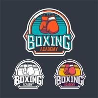 design dell'emblema del logo del distintivo retrò dell'accademia di boxe con il pacchetto di illustrazione del pugile vettore