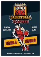 modello di progettazione brochure flyer poster vintage torneo playoff basket con illustrazione vintage del giocatore fare dribbling vettore