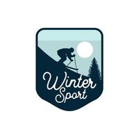 toppa con emblema del logo del distintivo della silhouette dello sci degli sport invernali per il club della squadra vettore