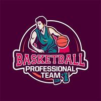 giocatore di palla dribbling di pallacanestro della squadra professionale di basket moderno logo vettore