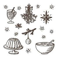 collezione di decorazioni natalizie. stile scarabocchio. vischio, vin brulé, punch bowl e gelatina. elementi tradizionali per il design di biglietti di auguri e di invito vettore