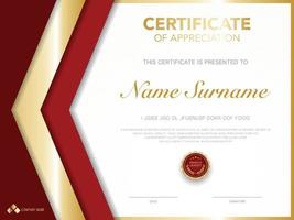 modello di certificato di diploma di colore rosso e oro con immagine vettoriale di lusso e stile moderno.