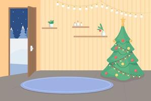 ingresso di casa sull'illustrazione vettoriale di colore piatto di Natale. albero di Natale nell'angolo. appartamento decorato. corridoio della casa 2d cartone animato interno con porta aperta alla sera d'inverno sullo sfondo