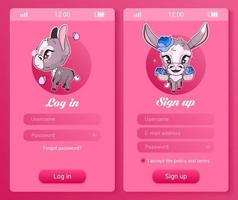 Schermata dell'app mobile per bambini asino con avatar di personaggi kawaii dei cartoni animati. accedi, iscriviti, gioco da ragazzina per smartphone, applicazione per social media. pagine rosa di registrazione del profilo utente con animali anime vettore