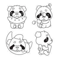 simpatico pacchetto di personaggi lineari panda kawaii. animale adorabile e divertente che mangia anguria, dorme, torna a scuola adesivo isolato, set di toppe. anime baby orsetto doodle emoji linea sottile icone vettore