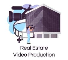 icona di concetto piatto di produzione video immobiliare. pubblicità di vendita di casa che crea adesivo, clipart. realizzazione di riprese pubblicitarie e promozionali. illustrazione di cartone animato isolato su sfondo bianco vettore