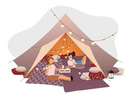 ragazze che riposano nell'illustrazione piana di vettore della tenda. amiche, turiste sdraiate su coperte in tepee decorate con ghirlande di lampadine. giovani campeggiatori che si divertono al campo estivo bevendo cocktail