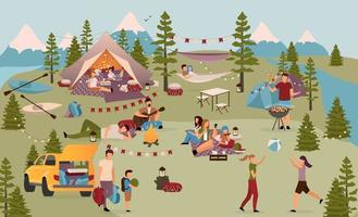 vacanzieri in illustrazione vettoriale piatto campo estivo. amici, studenti in vacanza in montagna. famiglie con bambini, coppie che godono di riposo attivo, kayak, attività estive all'aperto