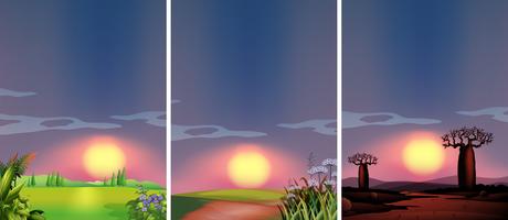 Scene di sfondo con il tramonto in luoghi diversi vettore