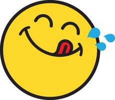 delizioso viso contento Sorridi cartone animato linea emoticon con lingua leccare bocca. delizioso gustoso cibo mangiare emoji viso su giallo design sfondo yum icona vettore