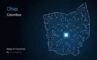 Ohio carta geografica con un' capitale di columbus mostrato nel un' microchip modello. e-governo. tsmc. americano stati mappe. microchip serie vettore