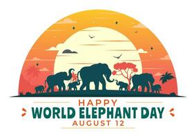 contento mondo elefante giorno illustrazione su 12 agosto con elefanti animali per salvezza sforzi e conservazione nel piatto cartone animato sfondo vettore
