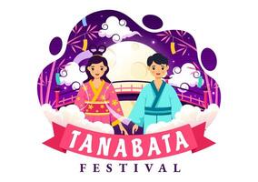 tanabata Giappone Festival illustrazione con persone indossare chimono e peonie fiori nel nazionale vacanza piatto carino cartone animato sfondo vettore
