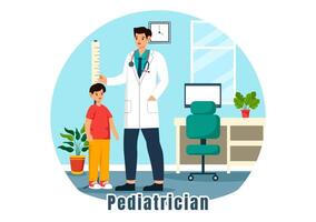 pediatra illustrazione con esamina malato bambini per medico sviluppo, vaccinazione e trattamento nel piatto cartone animato sfondo design vettore