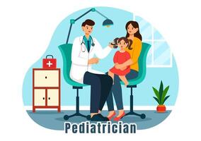 pediatra illustrazione con esamina malato bambini per medico sviluppo, vaccinazione e trattamento nel piatto cartone animato sfondo design vettore