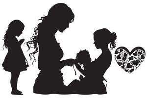 madre con sua bambino, cuore, schema silhouette, madre cura icona su bianca sfondo vettore