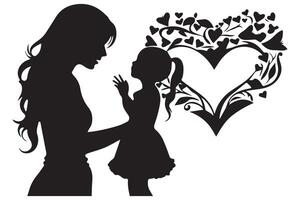 mamma e bambino amore nel il stile di silhouette bianca sfondomadre e figlia silhouette nel il cuore forma, silhouette di un' ragazza con cuore vettore