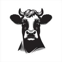 mucca - un' fiducioso mucca guardare direttamente in il telecamera illustrazione nel nero e bianca vettore