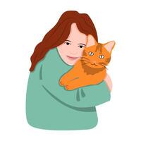 contento ragazza abbracci un' rosso gatto vettore