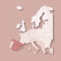 illustrazione con europeo terra con frontiere di stati e segnato nazione Spagna. politico carta geografica nel Marrone colori con occidentale, Sud e eccetera regioni. beige sfondo vettore