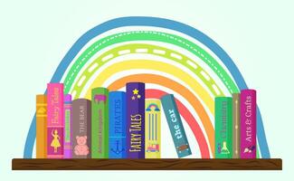 divertente libro illustrazione design per bambini con arcobaleno. bambini scaffale o libreria con libri bandiera sfondo vettore