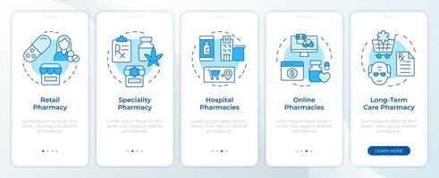 farmacia fornitura blu onboarding mobile App schermo. Procedura dettagliata 5 passaggi modificabile grafico Istruzioni con lineare concetti. ui, ux, gui modello vettore