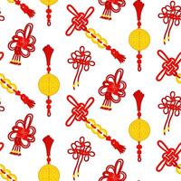 un' modello di rosso discussioni è legato in Cinese nodi per bene fortuna, amuleti simboleggiante prosperità. fili, oro monete, amuleti siamo sparpagliato. asiatico tradizionale materiale nel ripetizione vettore