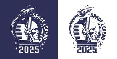 astronauta nel casco logo nel retrò stile. astronauta nel un' spazio completo da uomo e un' volante razzo - Vintage ▾ emblema. illustrazione. vettore