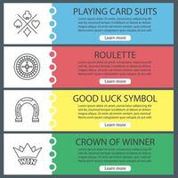 set di modelli di banner web del casinò. semi delle carte da gioco, roulette, ferro di cavallo, corona del vincitore. voci di menu a colori del sito Web con icone lineari. concetti di design delle intestazioni vettoriali