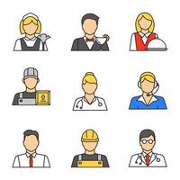 set di icone di colore di professioni. cameriera, barista, cameriera, caricatore, corriere, dottore, operatore di call center, impiegato, muratore. illustrazioni vettoriali isolate