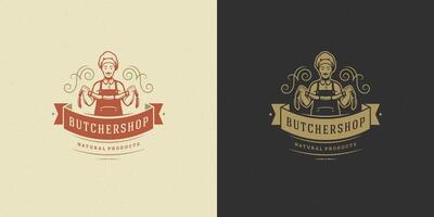 macellaio negozio logo illustrazione capocuoco Tenere salsicce silhouette bene per ristorante menù distintivo vettore