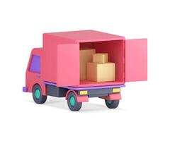 carico Corriere esprimere consegna rosa camion Aperto porte pieno di cartone scatole pacco 3d icona vettore